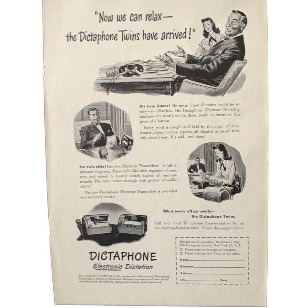 Vintage 1948 Dictaphone Electronic Dictation Ad Advertisement